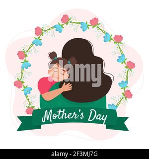 Madre e figlia abbracciano. Biglietto d'auguri o banner per il giorno della Madre. Simpatica illustrazione vettoriale in stile piatto Illustrazione Vettoriale