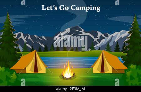 poster che mostra il campeggio con un falò Illustrazione Vettoriale