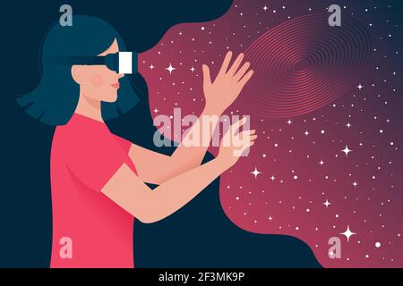 Donna in cuffia per realtà virtuale. Concetto di realtà virtuale, simulazione, gioco e tecnologia futura. Illustrazione vettoriale in stile piatto Illustrazione Vettoriale