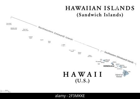 Isole Hawaiiane, Isole Sandwich, mappa politica grigia. Stato degli Stati Uniti delle Hawaii con la capitale Honolulu, e territorio non incorporato Atollo Midway. Foto Stock