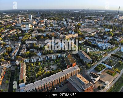 Vista aerea della città di Duisburg in Germania. Centro di Duisburg, Germania. Foto Stock