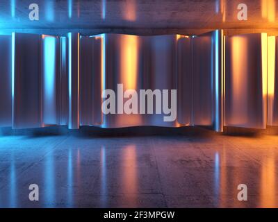 Interni astratti di design sfondo, lucido metallizzato tende installazione in una stanza di cemento con illuminazione soffusa di arancione e blu luci laterali, 3d Foto Stock