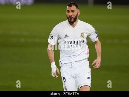 Madrid, Spagna. 16 Marzo 2021. Karim Benzema (Real Madrid CF) durante il round della UEFA Champions League del 16 seconda tappa tra Real Madrid e Atalanta Bergamo a Valdebebas Sport City a Madrid.(Punteggio finale; da 3 a 1 per Real Madrid, qualificandosi in un globale della cravatta 4-1) (Foto di Manu Reino/SOPA Images/Sipa USA) Credit: Sipa USA/Alamy Live News Foto Stock