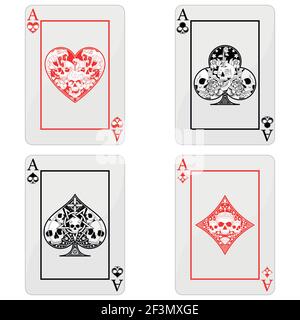 Disegno vettoriale di carte da poker con teschi, i simboli di cuore, diamante, trifoglio e asso con stili diversi Illustrazione Vettoriale