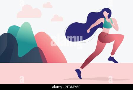 Donna sportiva o ragazza che fa jogging. Donna che corre all'aperto. Illustrazione vettoriale di un carattere cartoon in stile colorato piatto. Illustrazione Vettoriale