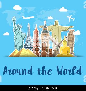 Icone di adesivi di World Landmarks con vettore di sfondo di Sky scrapbook illustrazione Illustrazione Vettoriale
