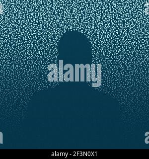 Illustrazione astratta di sfondo stellato con una silhouette umana, stelle blu chiaro su cielo blu scuro Foto Stock