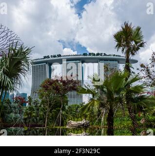 Marina Bay Sands Hotel, Singapore, con alberi in Gardens by the Foto Stock