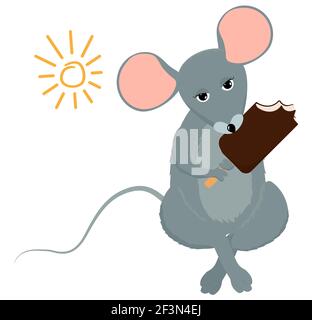 Gelato al topo o al ratto che tiene il papsiclo. Cartoon vettore mascotte carattere isolato su sfondo bianco. Illustrazione Vettoriale