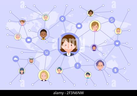 Un insieme di donne che diffondono informazioni sui social media.IT è vettore arte così facile da modificare. Illustrazione Vettoriale