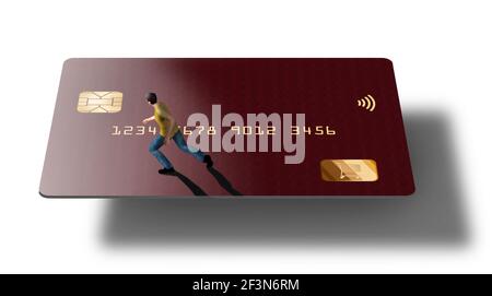 Una carta di credito rossa contemporanea è visto con una piccola figura di un uomo che corre attraverso la carta. Questa è un'illustrazione 3D. Foto Stock