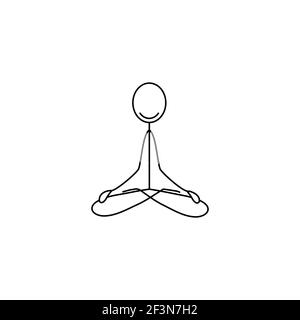 Icona a forma di cartone animato della figura del bastone di schizzo seduto in posizione lotus e meditando isolato su sfondo bianco Illustrazione Vettoriale