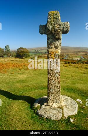 C'è una storica croce in pietra che si erge in campi aperti vicino al Ponte di Cadover su Dartmoor. Foto Stock