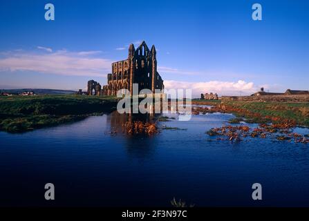 Whitby Abbey is a ruined Benedictine Abbey. It was founded in 657 AD and was destroyed by Henry VIII in 1540 during the Dissolution of the Monasteries Stock Photo