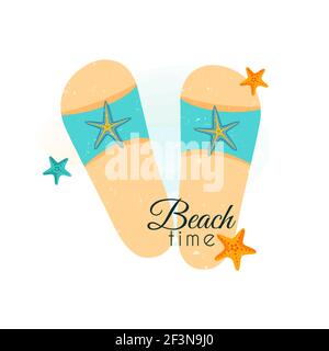 Infradito con conchiglie e testo tempo di spiaggia. Illustrazione vettoriale. Illustrazione Vettoriale