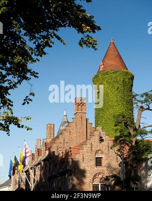 Il Museo Gruuthuse, nel centro della città vecchia di Bruges, è famoso per la sua torre rivestita di edera e per la suggestiva architettura gotica. La casa di Gruuthuse e. Foto Stock