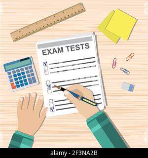 La mano dello studente compila il quiz dell'esame Illustrazione Vettoriale