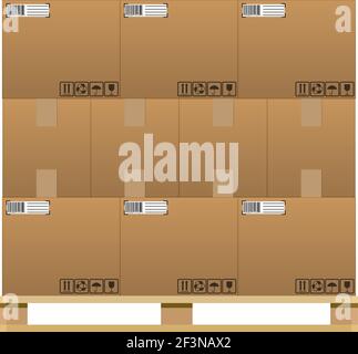 scatole di consegna in cartone marrone chiuse con segni fragili e codice a barre su pallet in legno. illustrazione vettoriale in design piatto isolata su sfondo bianco Illustrazione Vettoriale