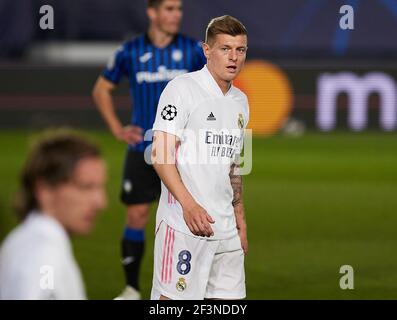 Madrid, Spagna. 16 Marzo 2021. Toni Kroos (Real Madrid CF) durante il round della UEFA Champions League del 16 seconda tappa tra Real Madrid e Atalanta Bergamo a Valdebebas Sport City a Madrid. (Punteggio finale; da 3 a 1 per Real Madrid, qualificandosi in un totale della cravatta 4-1) Credit: SOPA Images Limited/Alamy Live News Foto Stock