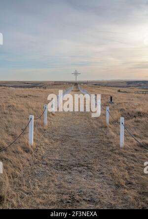 Luogo di sepoltura del capo Crowfoot a Blackfoot Crossing sulla riserva di Siksika in Alberta, Canada Foto Stock