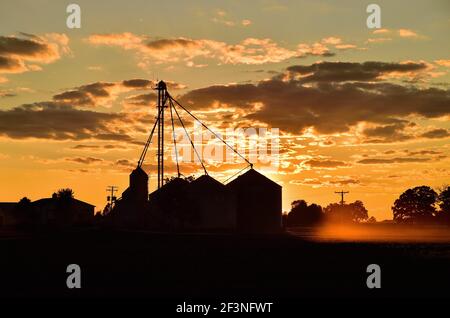 Burlington, Illinois, Stati Uniti. Silos di stoccaggio che formano una cooperativa agricola silos sagome dal sole che tramonta. Foto Stock