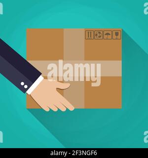 Mano che trasporta una scatola di cartone. Illustrazione Vettoriale