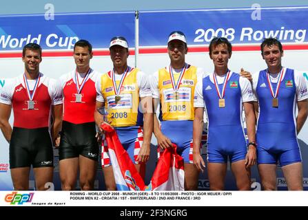 ROWING - WORLD CUP 2008 - MONACO DI BAVIERA (GER) - 8 AL 11/05/2008 - FOTO : IGOR MEIJER / DPPI PODIO UOMINI X2 - CROAZIA / 1 ° - SVIZZERA / 2 ° E FRANCIA / 3 ° Foto Stock