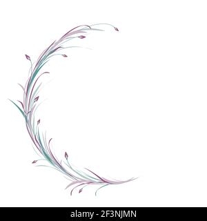 Corona rotonda viola e blu da erba, ramoscelli e fiori lilla isolati su sfondo bianco. Ghirlanda floreale per biglietti d'auguri. Illustrazione vettoriale. Illustrazione Vettoriale