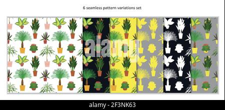 Modelli senza giunture con piante tropicali in vaso in vasi di fiori colorati. Illustrazione Vettoriale