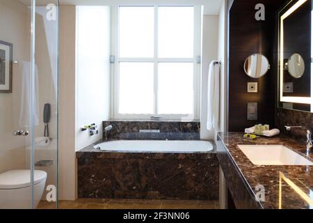 Bagno privato con bagno rivestito in marmo marrone sotto la grande finestra | | Designer: RPW Foto Stock
