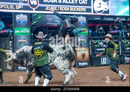 Il pilota PBR è stato gettato da un toro durante l'evento scatenare la bestia a Glendale, Arizona Foto Stock