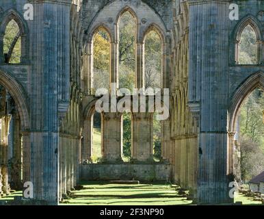 ABBAZIA DI RIEVAULX, North Yorkshire. La finestra all'estremità orientale della chiesa abbaziale mostra colore autunnale sugli alberi oltre. Architettura gotica. Foto Stock