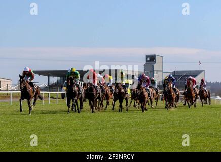 Down Royal, Lisburn, County Antrim, Irlanda del Nord. 17 Mar 2021. St Patrick's Day Race Meeting - Bluegrasshorsefeed.com Maiden Hurdle - gara vinta da Homme D'un Soir (numero 2). Credit: CAZIMB/Alamy Live News. Foto Stock