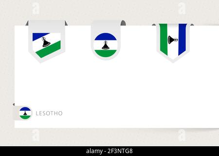 Etichetta bandiera raccolta di Lesotho in forma diversa. Modello di bandiera a nastro del Lesotho appeso alla carta o a una superficie diversa. Illustrazione Vettoriale