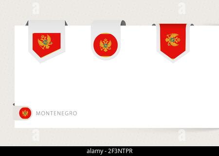 Etichetta bandiera di Montenegro in forma diversa. Modello di bandiera a nastro del Montenegro appeso alla carta o a una superficie diversa. Illustrazione Vettoriale