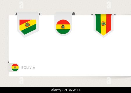 Etichettare la collezione di bandiere della Bolivia in forma diversa. Modello di bandiera a nastro della Bolivia appeso alla carta o a una superficie diversa. Illustrazione Vettoriale