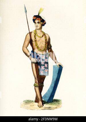 Questa illustrazione del 1840 mostra un uomo con le sue armi da Tondano a Sulawesi, una delle isole del Mar delle Celebes, parte delle Isole Greater Sunda in Indonesia. Foto Stock