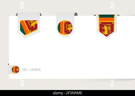 Etichetta bandiera di Sri Lanka in forma diversa. Modello di bandiera a nastro dello Sri Lanka appeso alla carta o a una superficie diversa. Illustrazione Vettoriale