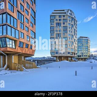 Alto edificio residenziale tre Taarn. Sandnes, Norvegia Foto Stock