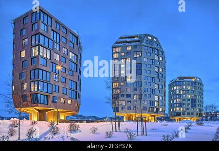 Alto edificio residenziale tre Taarn. Sandnes, Norvegia Foto Stock