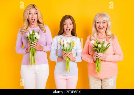 Foto di mamma e bambino bionda donna con capelli grigi tenere tulipani fiori 8 marzo isolato su sfondo giallo Foto Stock