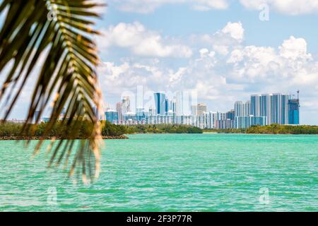 Bal Harbour, Miami Florida con l'oceano verde turchese Biscayne Bay acque Intracoastal da skyline di paesaggio urbano di Sunny Isles Beach e ramo di palme i Foto Stock