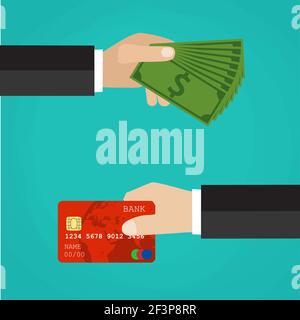 Mano con carta di credito e contanti. Illustrazione Vettoriale