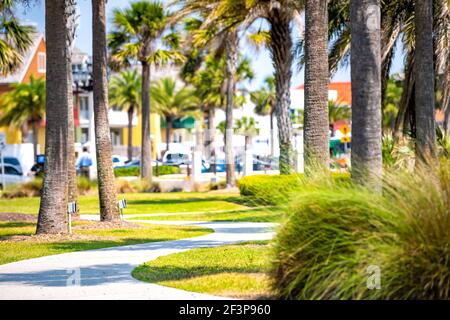 Parco verde a St. Augustine, Florida con palme e sentiero pedonale lastricato con edifici, persone in sfondo sfocato in estate soleggiata