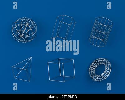 Insieme di primitive geometriche cablate astratte . Design minimo. illustrazione 3d Foto Stock