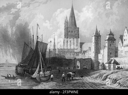Chiesa cattolica di San Martino´s, Colonia, rive del fiume Reno, porta della città, Renania settentrionale-Vestfalia, fiume Reno, Germania, Incisione in acciaio di 1832 Foto Stock
