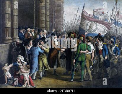 Rivoluzione francese. La rivolta dei sans-culottes parigini (popolo comune) dal 31 maggio al 2 giugno 1793. La scena si svolge di fronte alla Camera dei deputati nelle Tuileries. La rappresentazione mostra Marie-Jean Hérault de Séchelles e Pierre Victurnien Vergniaud. Incisione di Jean-Joseph-François Tassaert, c.. 1800 Foto Stock