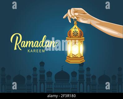 ramadan kareem saluti. mano ragazza con lanterna arabica dorata. illustrazione vettoriale Illustrazione Vettoriale