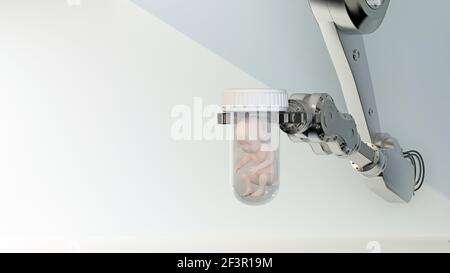 il braccio robotico contiene un pallone con un embrione. rendering 3d Foto Stock