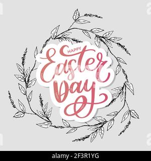 Colorato Happy Easter saluto card con fiori uova e composizione di elementi di coniglio. File vettoriale EPS10 organizzato in livelli per una facile modifica Illustrazione Vettoriale